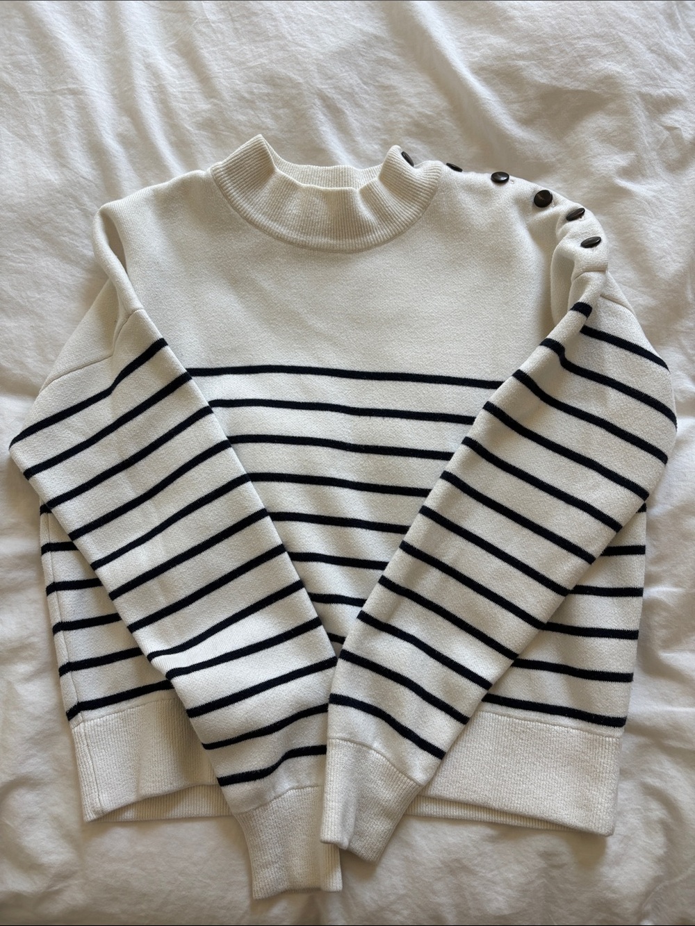 Sezane Striped Button-Shoulder Jumper Sweater - White/Black